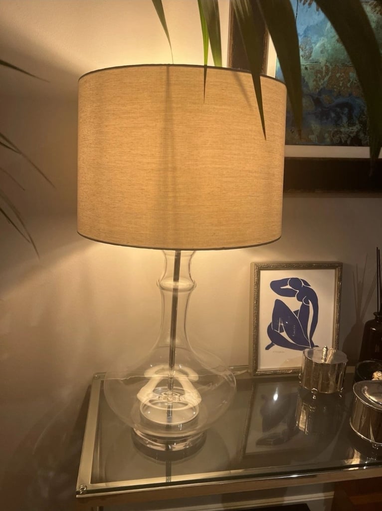 A Rare Find, Areli Table Lamp Grey Natural Linen Shade Glass Metal Base