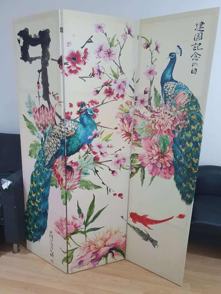 image for Transform your space with this lucky Peacock & Peony Room Divider | Moving Sale £30 Only!