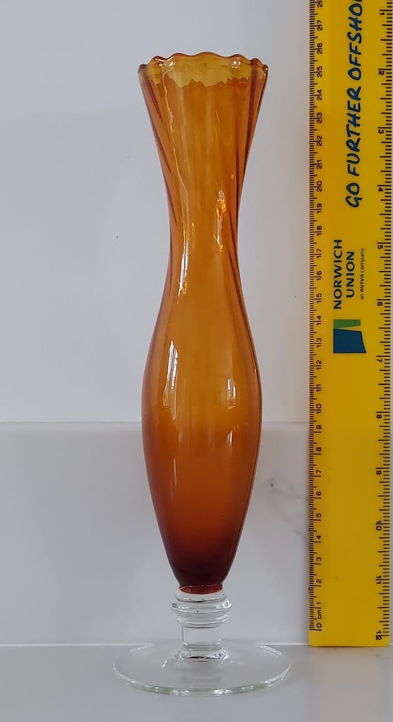 Vintage Amber Glass Bud Vase Clear Foot 25 cm Tall