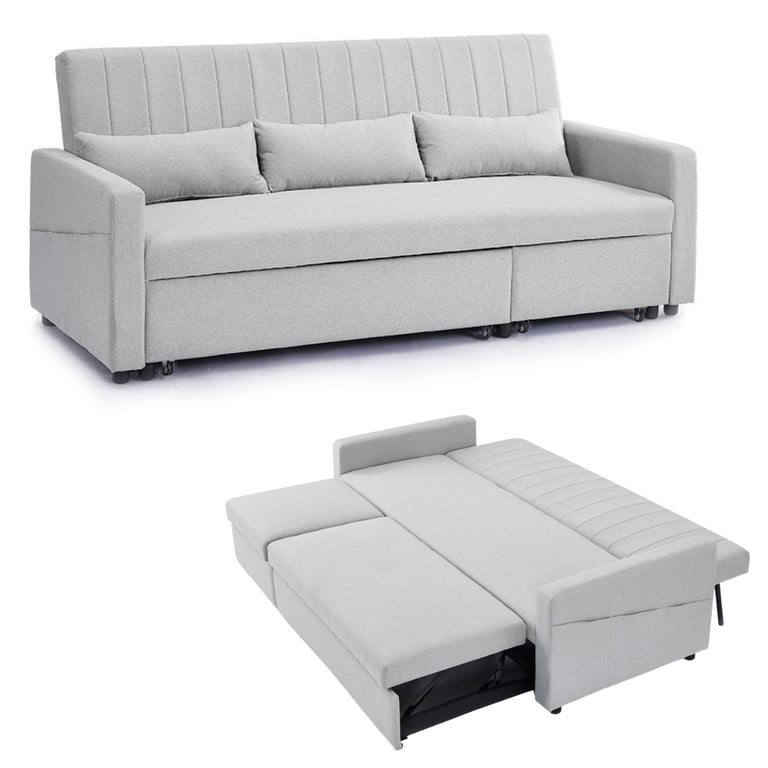 image for New Grey Linen Fabric Pull-Out Sofa Bed Storage Pocket Chaise