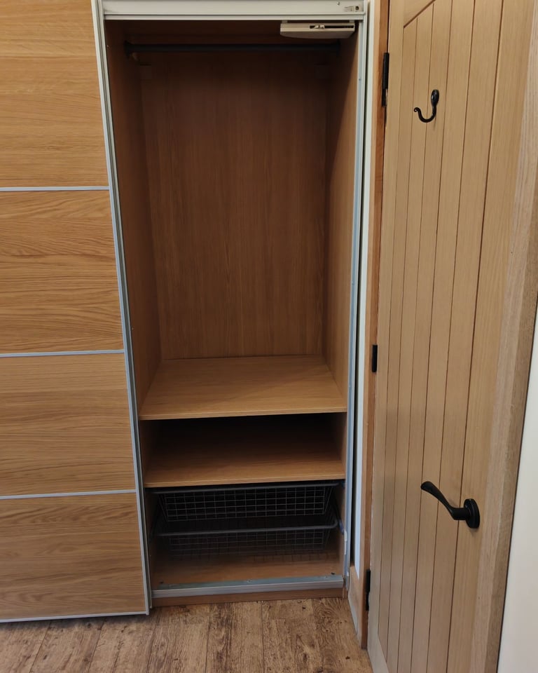 IKEA PAX Oak Sliding Door Wardrobe, 4 shelves & wire drawers, 2 hanging rails FREE DELIVERY 035