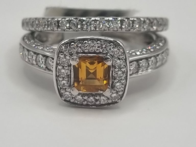 18ct white gold diamond & Citrine set of 2 rings