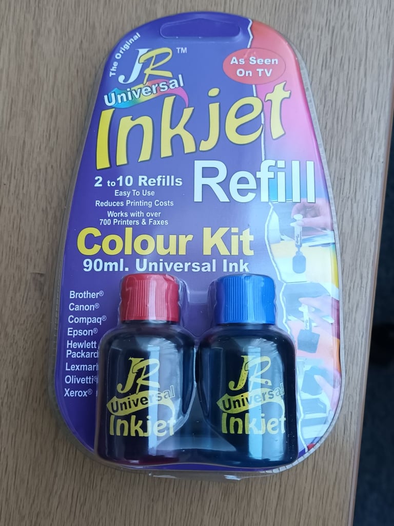 JR Refill UNIVERSAL PRINTER INK KIT. 30ml of all 3 colour inks + a flush cleaner