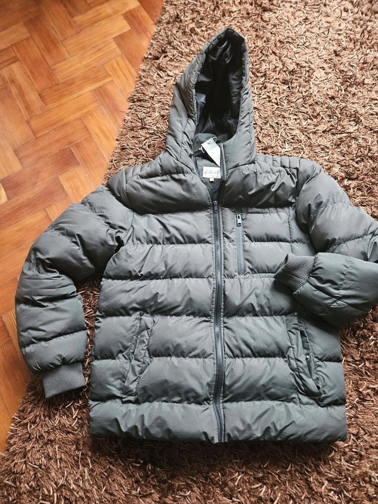 Onfire Mens Hooded Puffer Jacket Dark Green - Large - Used (Damaged Repaired)