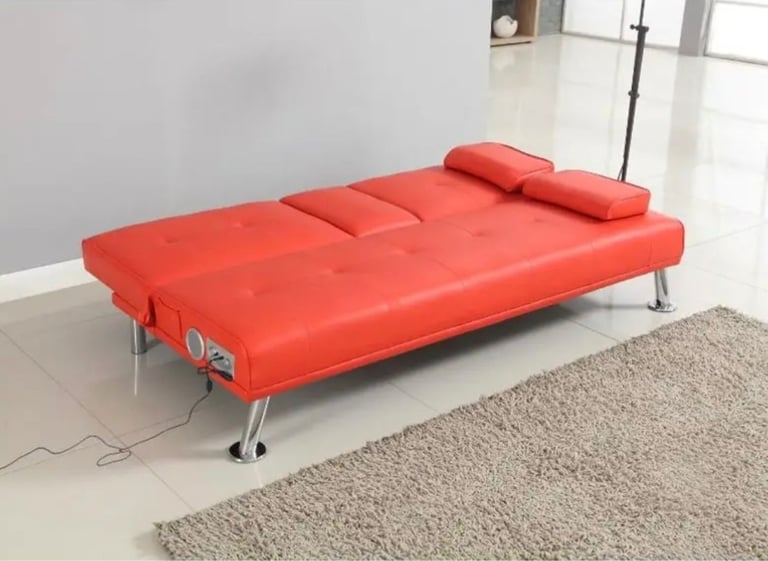  New Modern Red Sofa Bed Couch Faux Leather Sofabed with 2 Cup Holders & Bluetooth Speakers | Sale