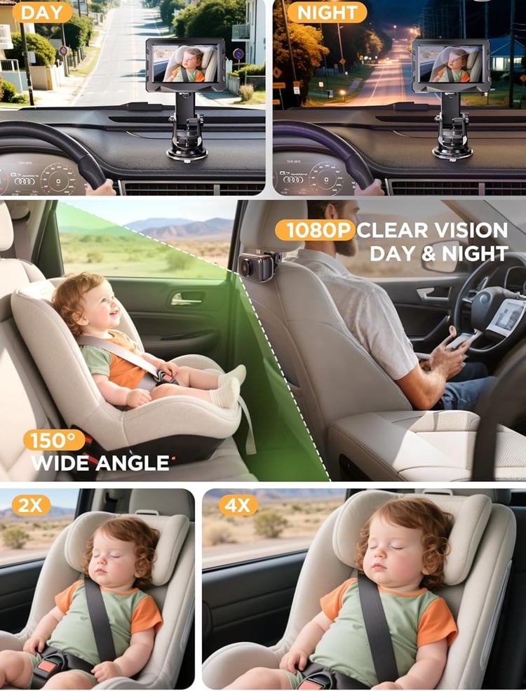 Wireless Baby Car Camera 1080P Night Vision Monitor No WiFi Needed 40H Battery