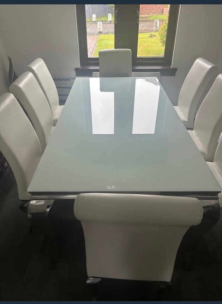 8 Seater White Glass Dining Table 