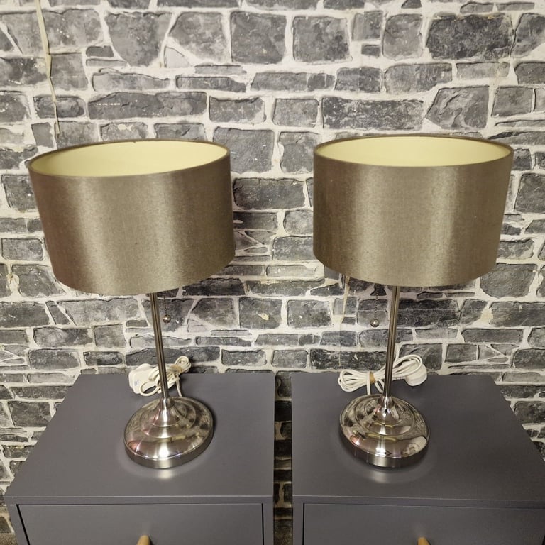 Pair of Modern Chrome Table Lamps with Brown Fabric Shades