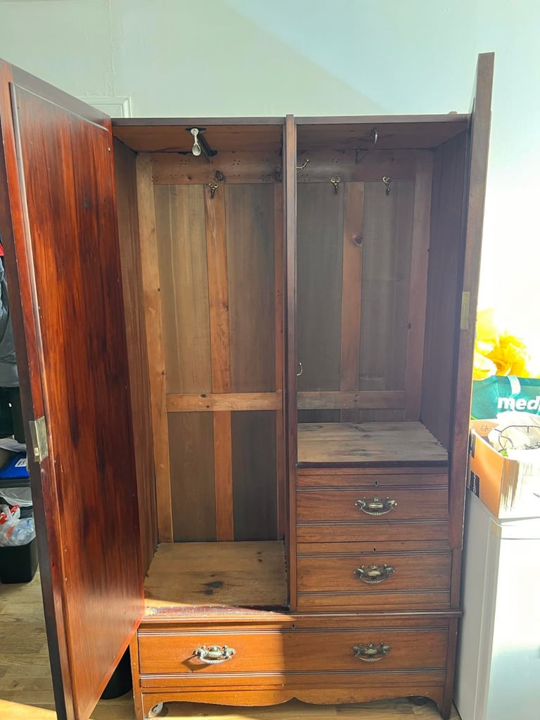 image for Vintage Rustic Wooden Wardrobe with Drawers and Mirror