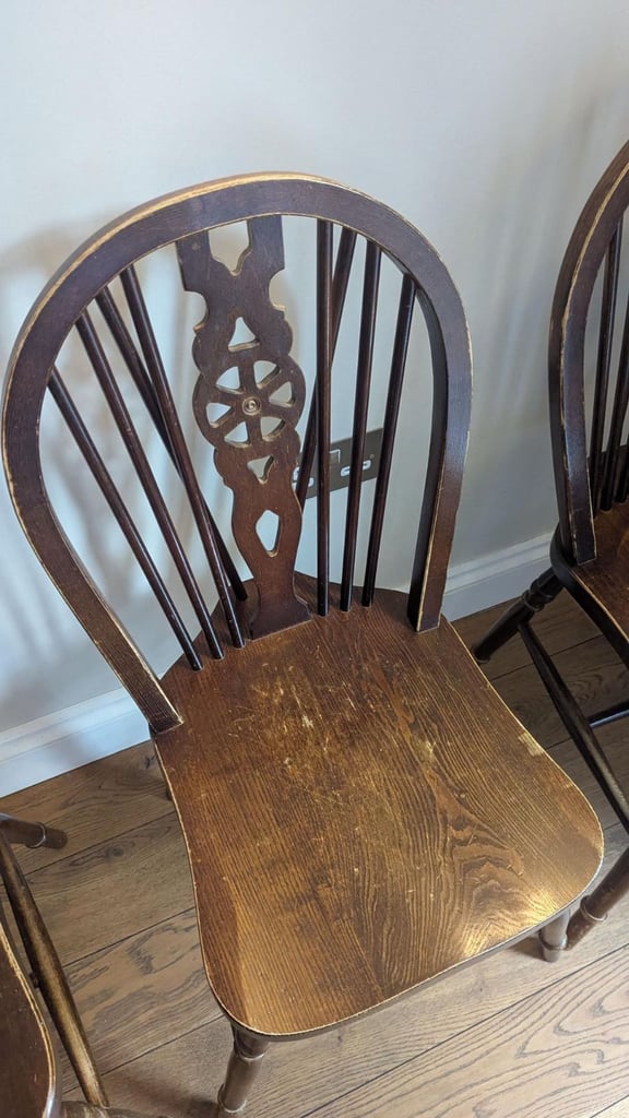 Set of 4 Vintage Wheelback Chairs, dark wood