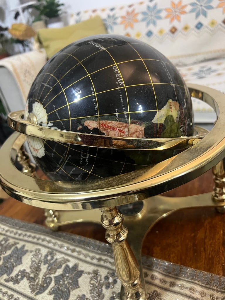 image for World Globe semi precious gemstone, brass stand