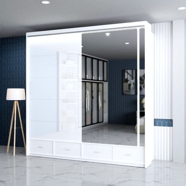 ⚡🌟Brand New High Gloss 2 or 3 Doors Sliding Wardrobe with Mirrors, Drawers, LED Light included
