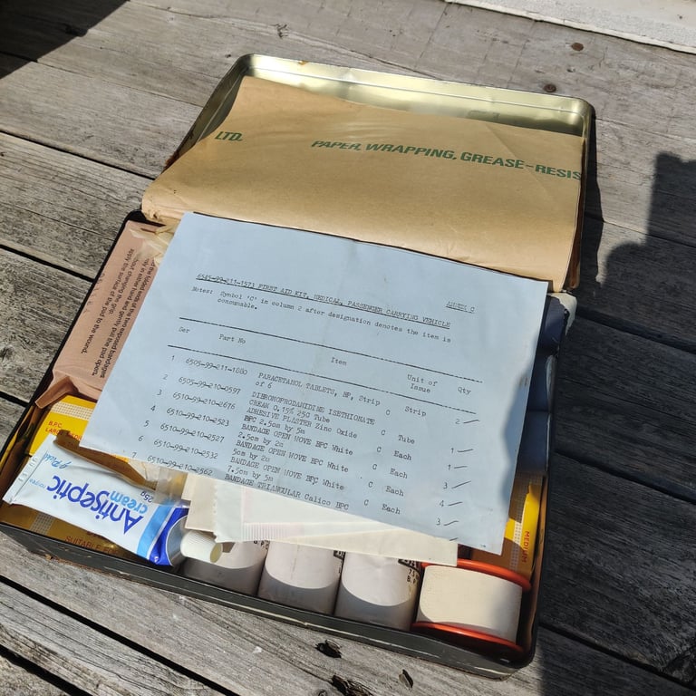 Vintage British army Land rover first aid kit.