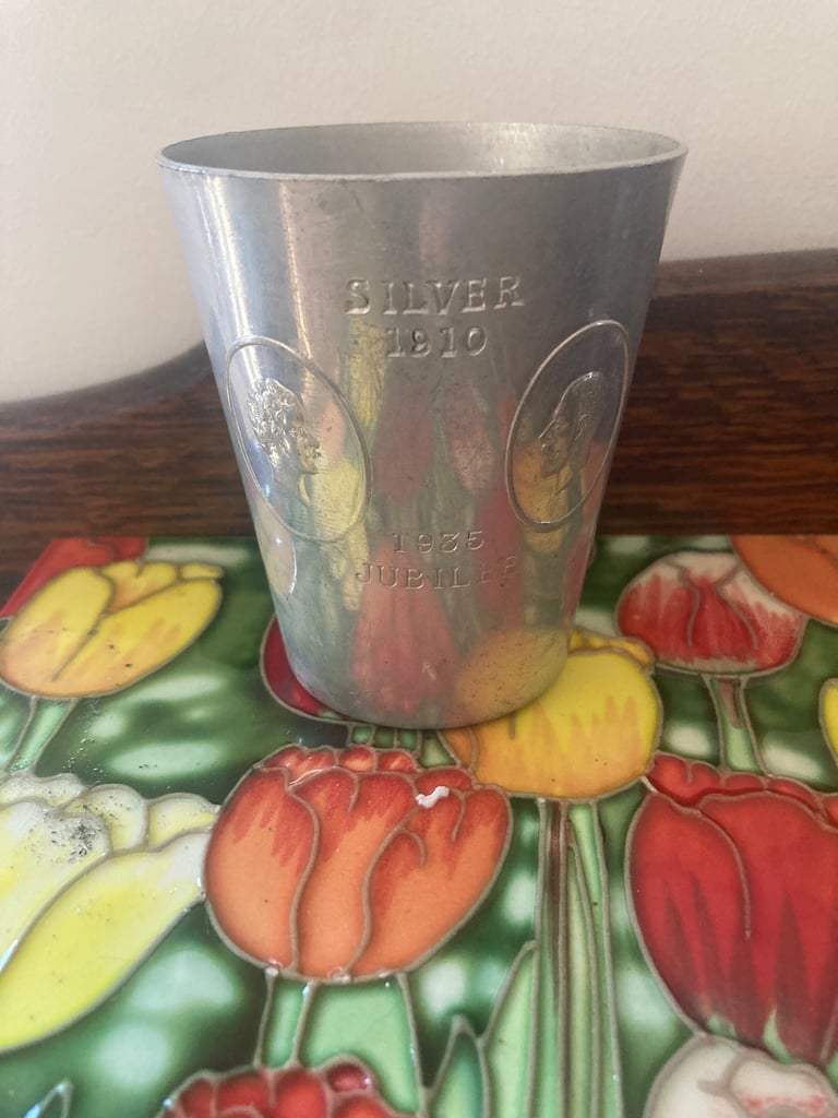 image for Vintage 1935 Silver Jubilee Cup: King George V & Queen Mary, Aluminum Windsor Mug