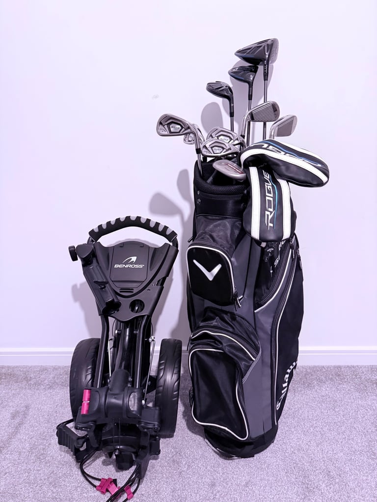 image for THE CALLAWAY ROGUE X FULL PACKAGE GOLF CLUB SET complete set with ODYSSEY PUTTER BEN Ross Trolley
