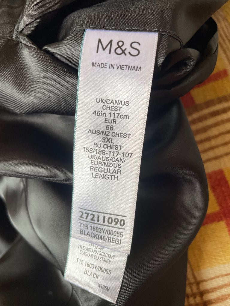 Bargain. Worn once men’s M&S black suit. 46” chest 38” 31” trousers
