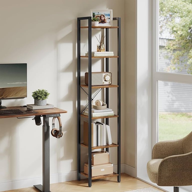 VASAGLE 6-Tier Rustic Brown & Black Bookshelf – Brand New