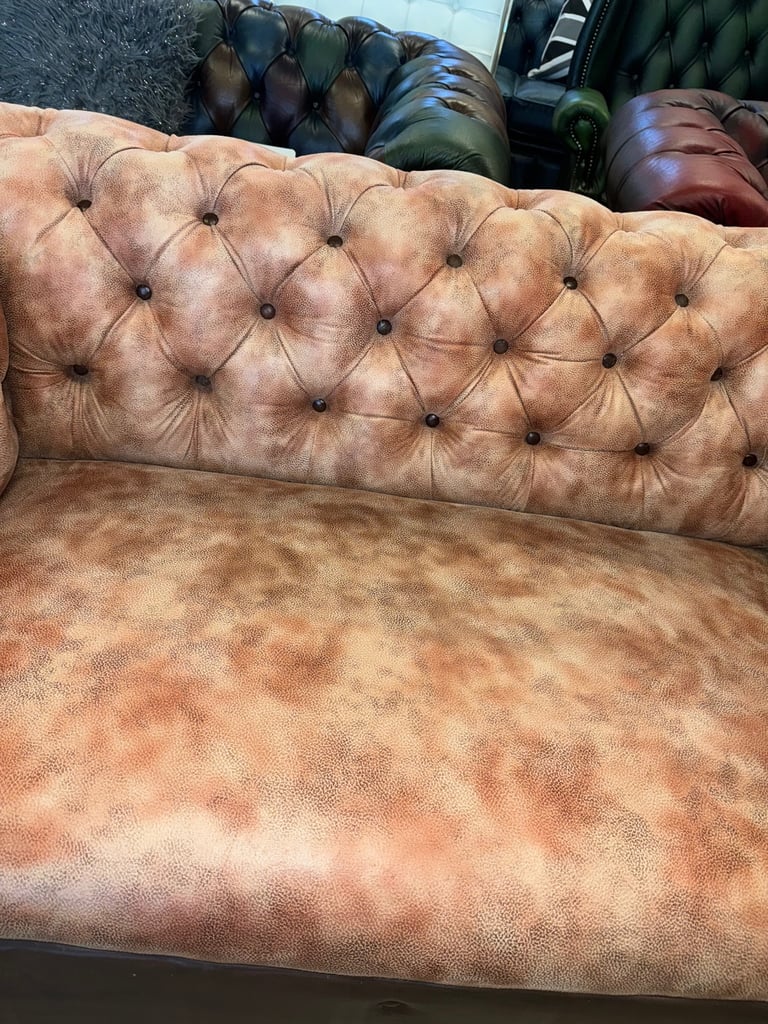 Chesterfield brown leather unique two seater sofa with footstool
