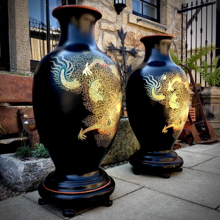 Large Pair of Floor Standing Oriental Vases Decorated In Gold Gilt Dragon & Phoenix. 