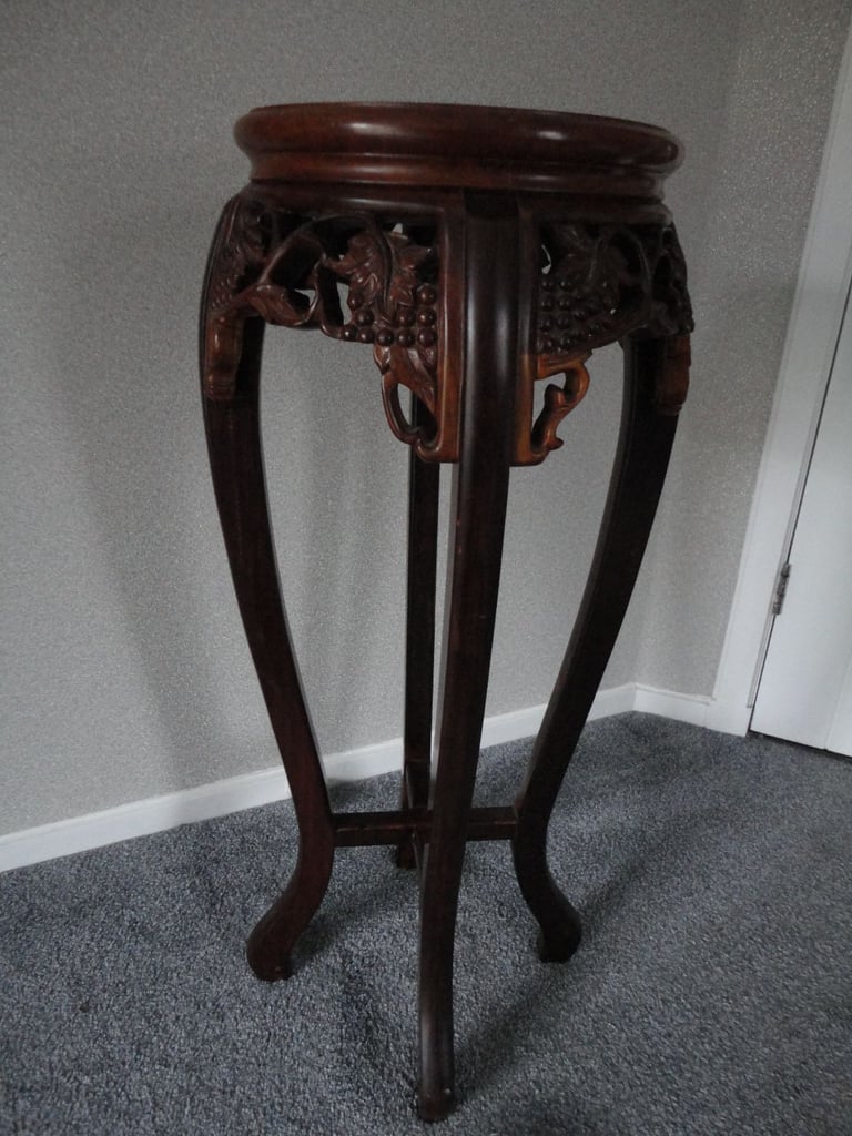 Asian hardwood chinoiserie, hand carved plant pot pedestal table, round wooden top