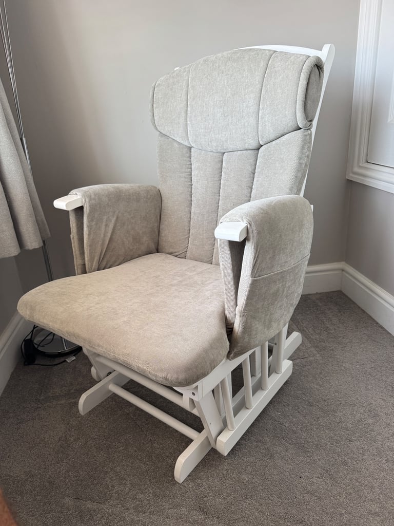 KUB - CHATSWORTH GLIDER NURSING CHAIR & STOOL (White wood with Grey upholstery)
