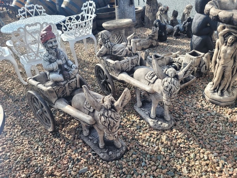 stone donkey & cart garden ornament