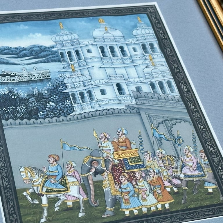 image for vintage 28cm framed Mughal Indian silk painting of a Royal Maharaja Elephant Procession (19x14.5cm)
