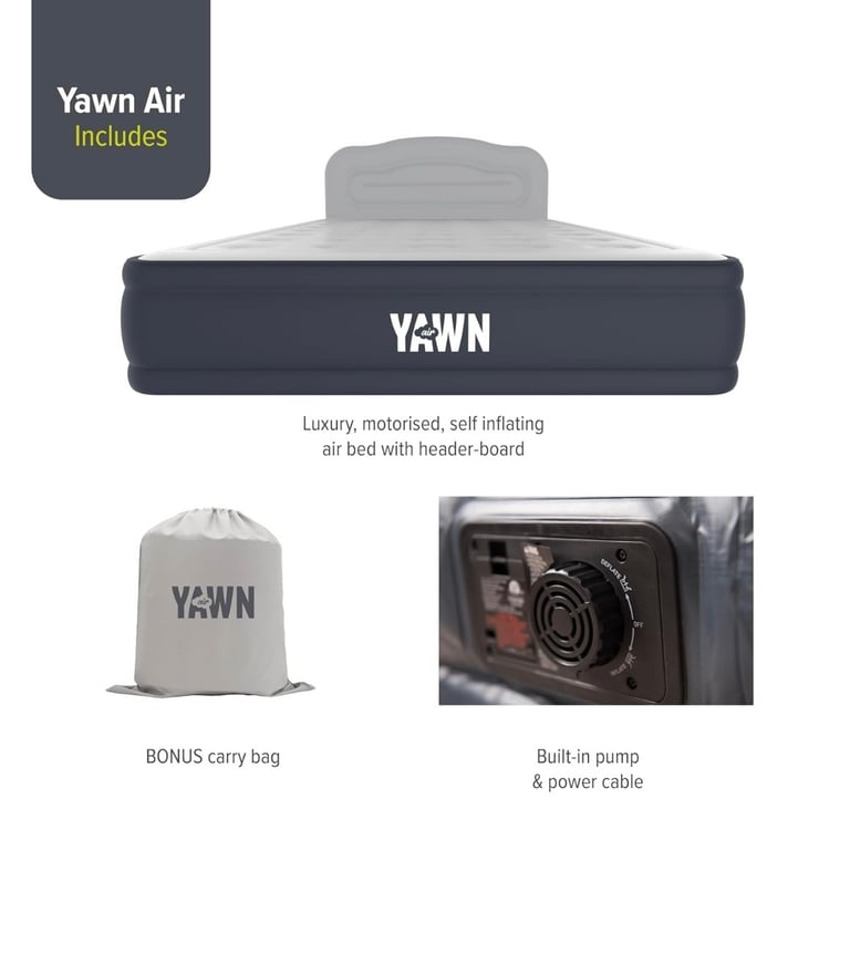 YAWN Double Air Mattress – Built-in Pump, Headrest + Carry Case 