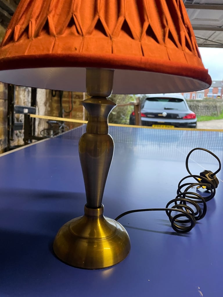 image for Brushed brass lamp with dark red shade