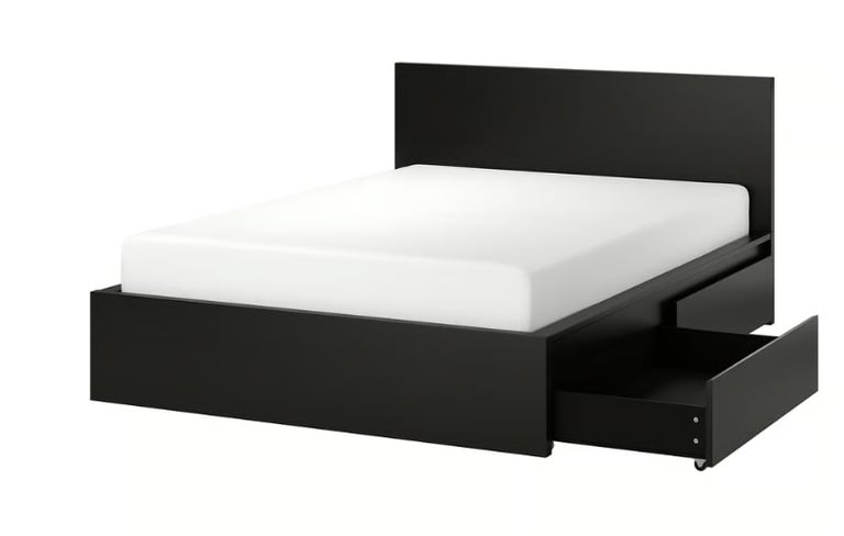 image for Ikea Malm Double Bed with 4 underbed storage boxes - black-brown