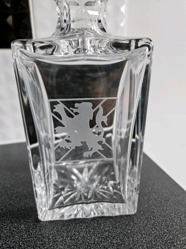 image for Heavy Cut Glass Whiskey Decanter With Stopper & Etched With Lion Rampa