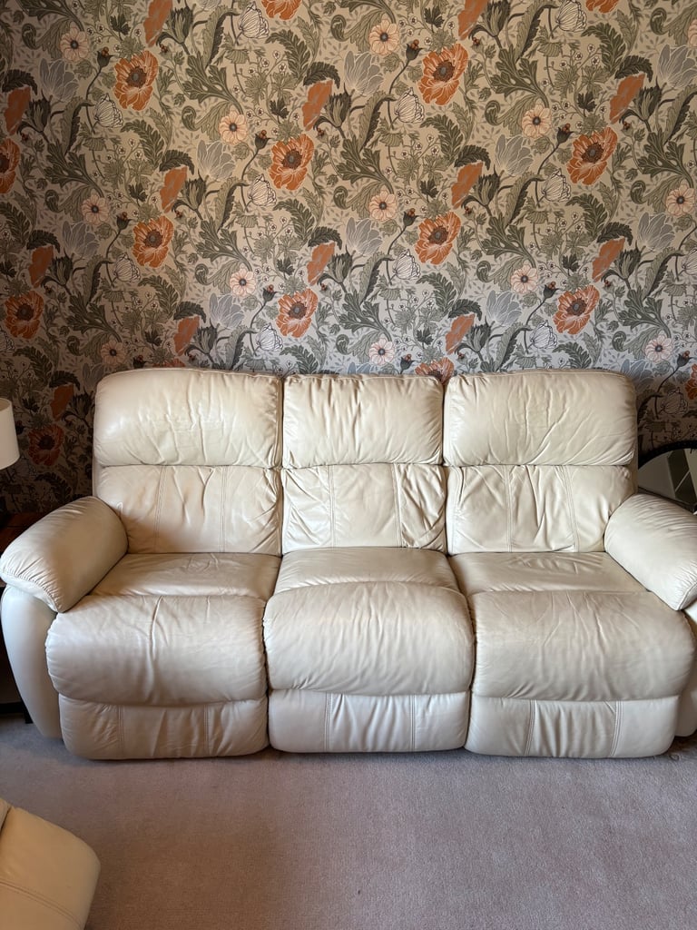 Dfs cream leather reclining sofa and 2 chairs