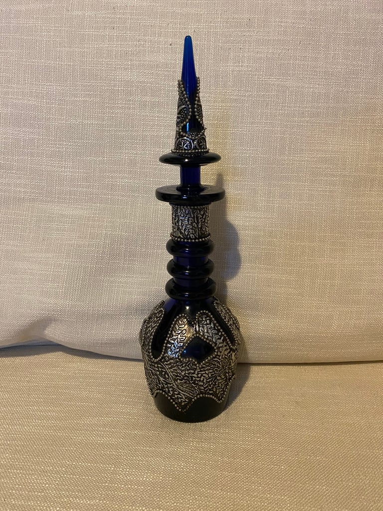 image for Antique Hand Crafted Silver Persian Cobalt Blue Glass Decanter