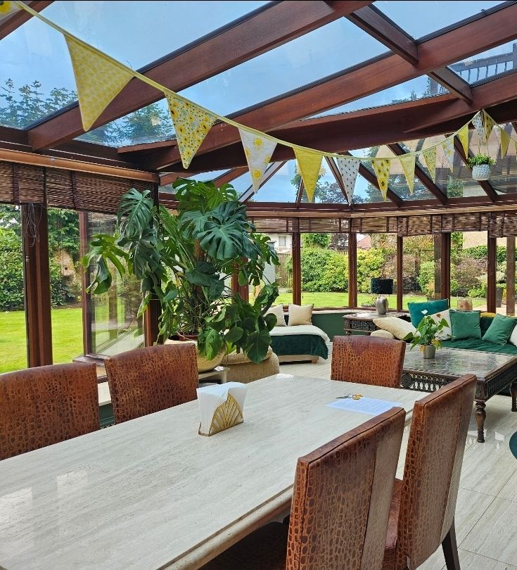 Solid marble dining table & 6 real leather chairs