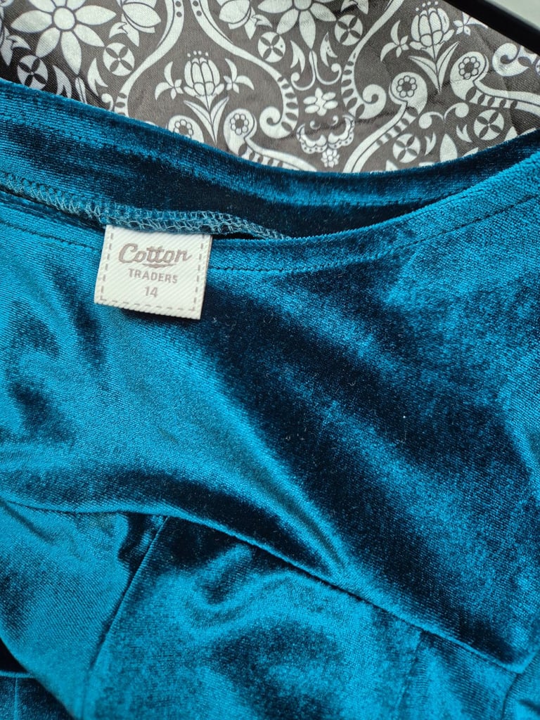 New Cotton Traders Agean Blue Velvet Round Neck Dress Immaculate 