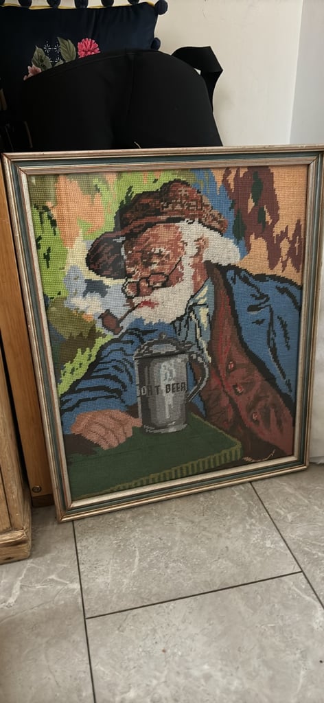 Hand sewn tapestry The old man with the mug