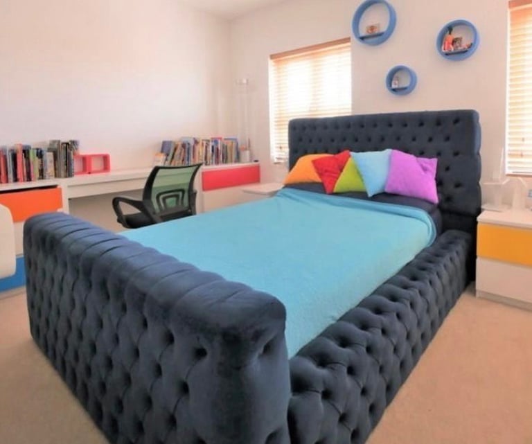 Double ambassador chesterfield navy blue custom made bed frame with mattress
