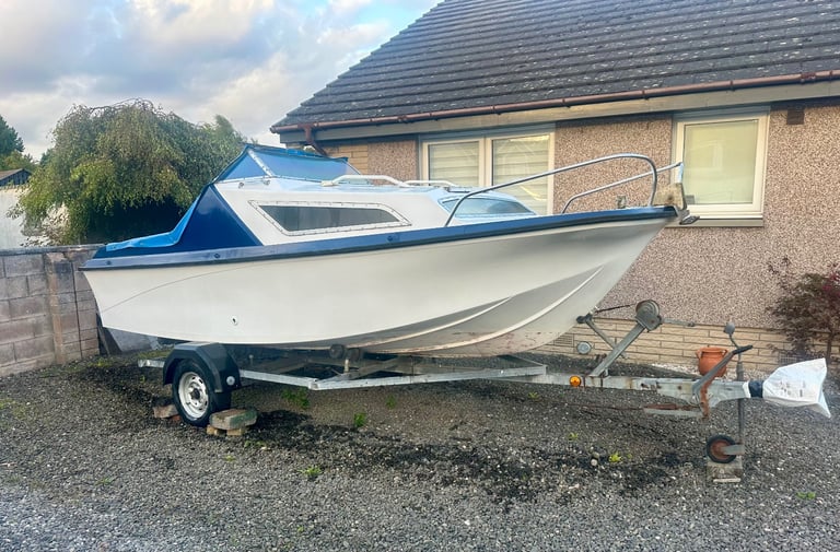 18ft Cabin cruiser fishing boat Shetland copy on trailer 25hp outboard 