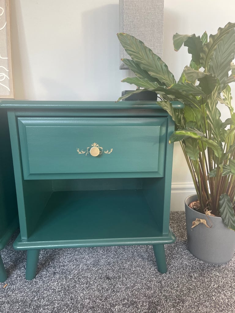 Emerald green bedside tables gold detail and knobs