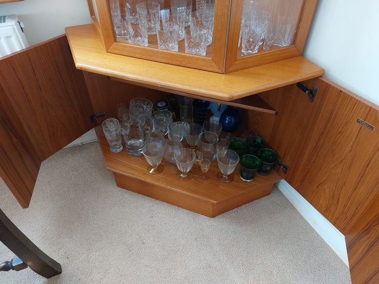 image for Oak & glass finish 2 piece corner cabinet