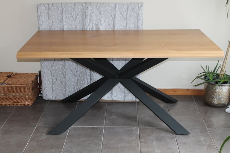 Solid Wood Dining Table With Black Metal Legs.