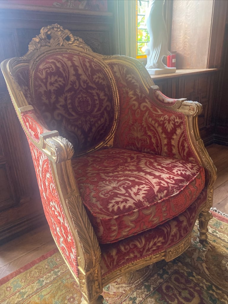 Pair of red gold French Louis XV luxurious armchairs 