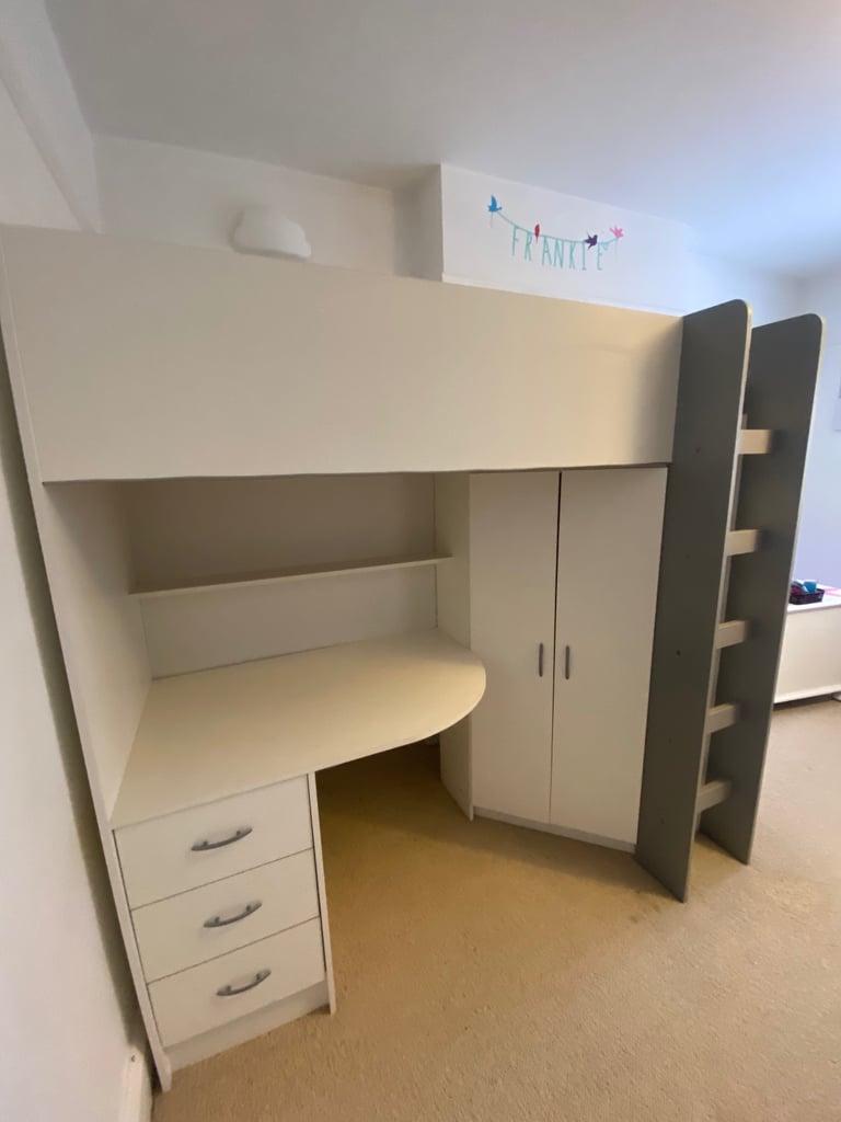 Calder high sleeper bed with desk, wardrobe and bookshelves 