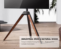 New FITUEYES DESIGN Easel Tripod TV Stand 37 to 65 Inch Concealed Black Steel and Walnut Wood