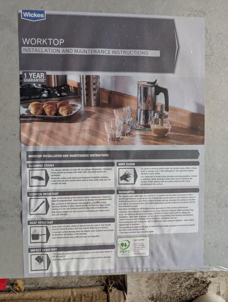 Wickes Laminate Worktop – Cloudy Cement Finish – 600 x 28 x 3000mm – Brand New
