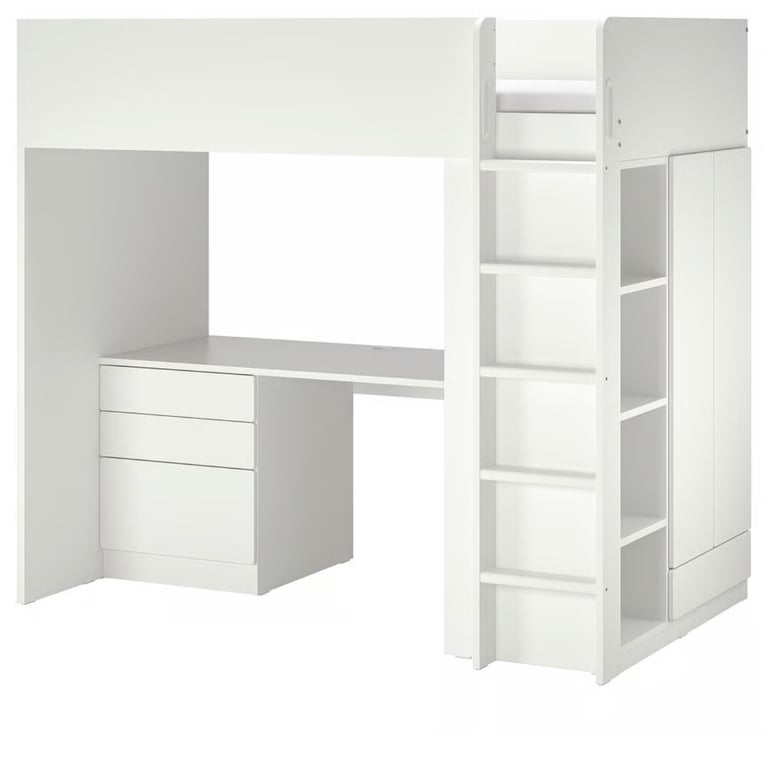 White loft bed with desk and drawers 
