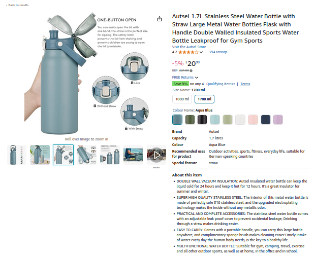 AS NEW AUTSEL 1.7L insulated flask