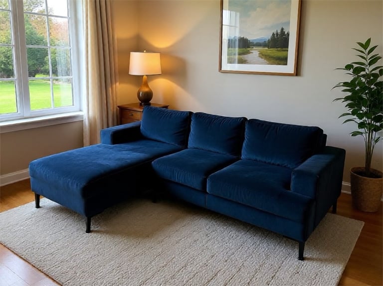 image for Frederik 3 Seater Compact Corner Chaise Sofa in Saphire blue velvet