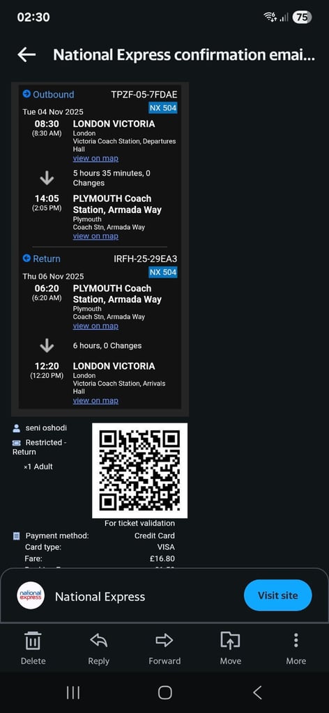 Ticket to Plymouth with return if needed