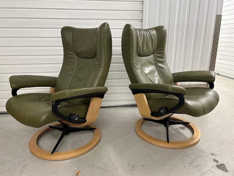 Ekornes Stressless Medium Signature Wing Dark Olive Leather Chairs & Footstool